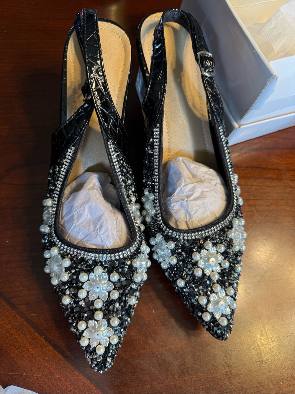 Embellished Black Pointed Toe Slingback Flats - Pearl & Sequin Accents